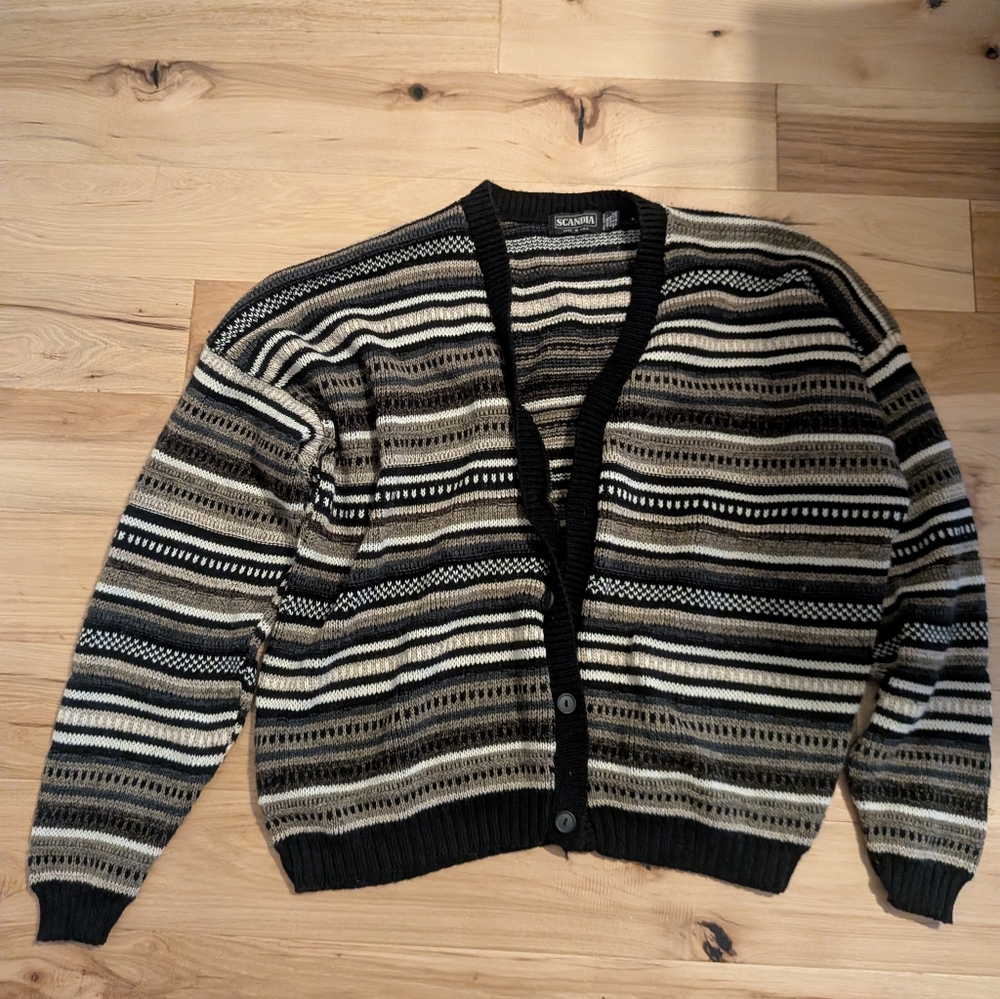 Vintage Scandia Women's Striped Acrylic 3XL Long Sleeve Cardigan